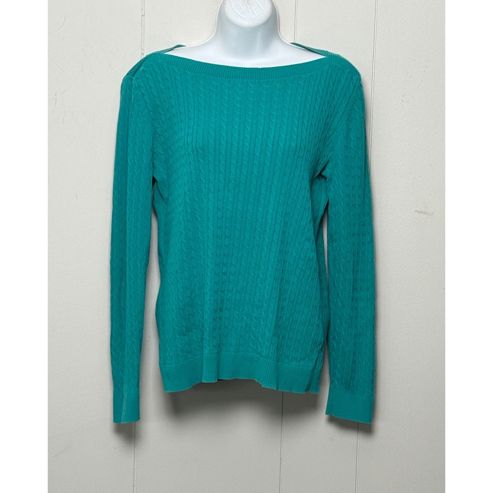 Tommy Hilfiger Women's Pima Cotton Cable Knit Sweater Teal Green Boat Neck Sz XL